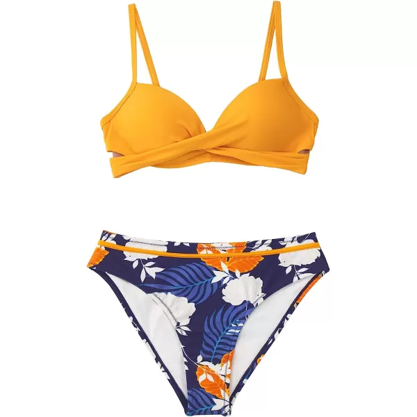 imageCUPSHE Womens Bikini Set Wrap Mid Rise Cheeky Floral Swimsuit with Adjustable StrapsOrange Blue