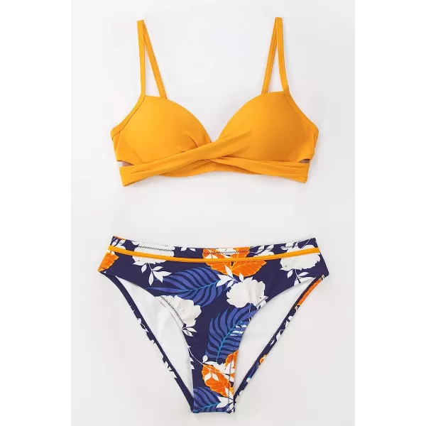 imageCUPSHE Womens Bikini Set Wrap Mid Rise Cheeky Floral Swimsuit with Adjustable StrapsOrange Blue