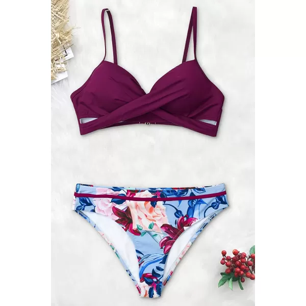 imageCUPSHE Womens Bikini Set Wrap Mid Rise Cheeky Floral Swimsuit with Adjustable StrapsRed