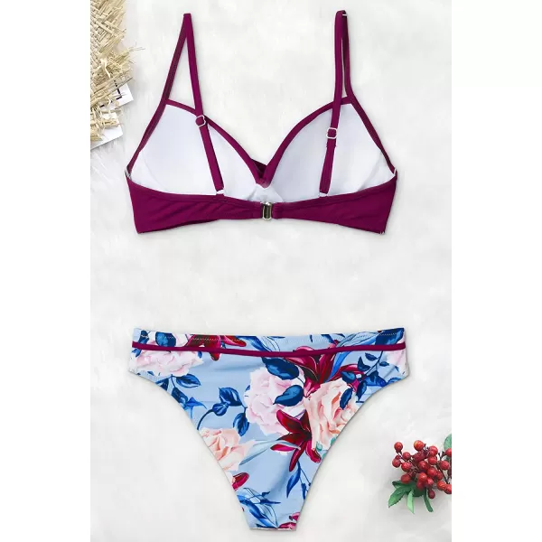 imageCUPSHE Womens Bikini Set Wrap Mid Rise Cheeky Floral Swimsuit with Adjustable StrapsRed