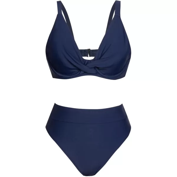 imageCUPSHE Womens Bikini Sets Bathing Suit High Waisted V Neck Adjustable Straps Back Hook Underwire Cheeky BottomDark Grey Blue