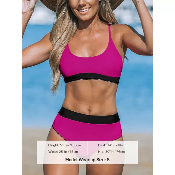 imageCUPSHE Womens Bikini Sets Bathing Suit Hign Waisted Scoop Neck Crisscross Back Adjustable Straps Color BlockMagentaBlack