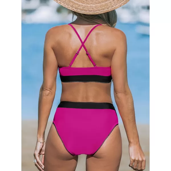 imageCUPSHE Womens Bikini Sets Bathing Suit Hign Waisted Scoop Neck Crisscross Back Adjustable Straps Color BlockMagentaBlack