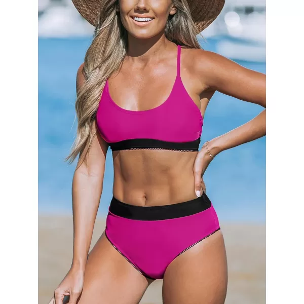 imageCUPSHE Womens Bikini Sets Bathing Suit Hign Waisted Scoop Neck Crisscross Back Adjustable Straps Color BlockMagentaBlack
