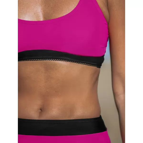imageCUPSHE Womens Bikini Sets Bathing Suit Hign Waisted Scoop Neck Crisscross Back Adjustable Straps Color BlockMagentaBlack