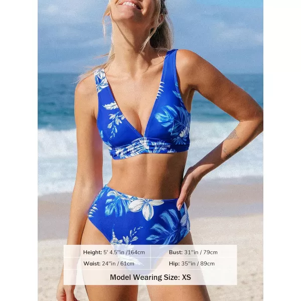 imageCUPSHE Womens Bikini Sets Bathing Suit Hign Waisted V Neck U Back Hook Wide Straps RuchedAzure Blue Floral