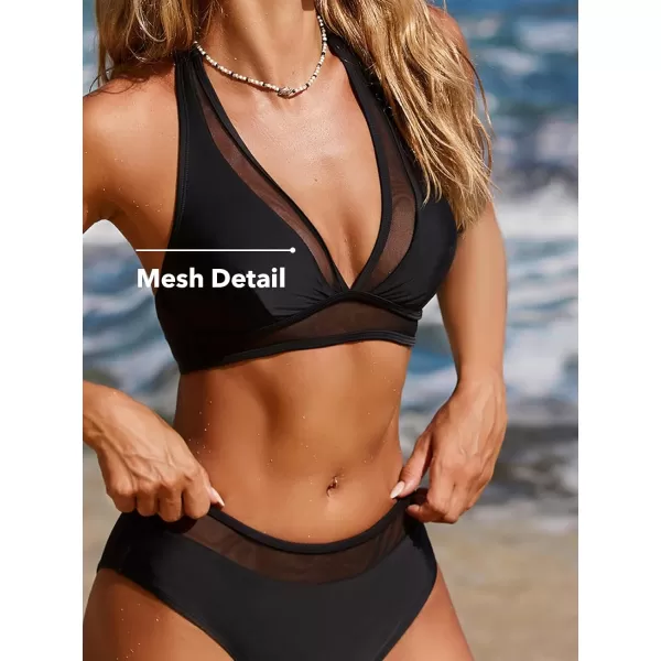 imageCUPSHE Womens Bikini Sets Halter Deep V Neck Back Tie Mid Rise Mesh BacklessBlack