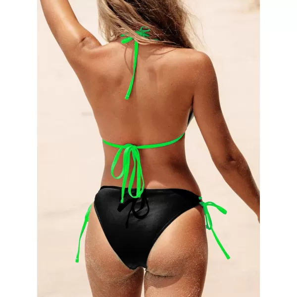 imageCUPSHE Womens Bikini Sets Halter Triangle Top Push Up Backless Low Rise Strappy Swimwear Color BlockBlack Bright Green