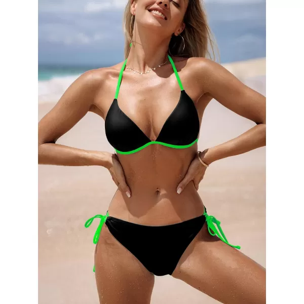 imageCUPSHE Womens Bikini Sets Halter Triangle Top Push Up Backless Low Rise Strappy Swimwear Color BlockBlack Bright Green