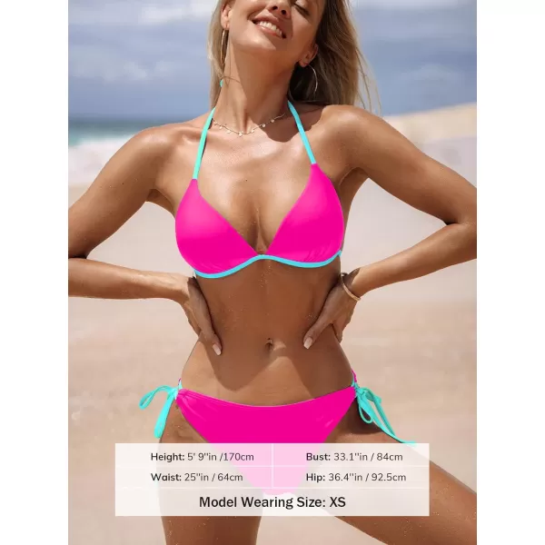 imageCUPSHE Womens Bikini Sets Halter Triangle Top Push Up Backless Low Rise Strappy Swimwear Color BlockHot PinkMint Green