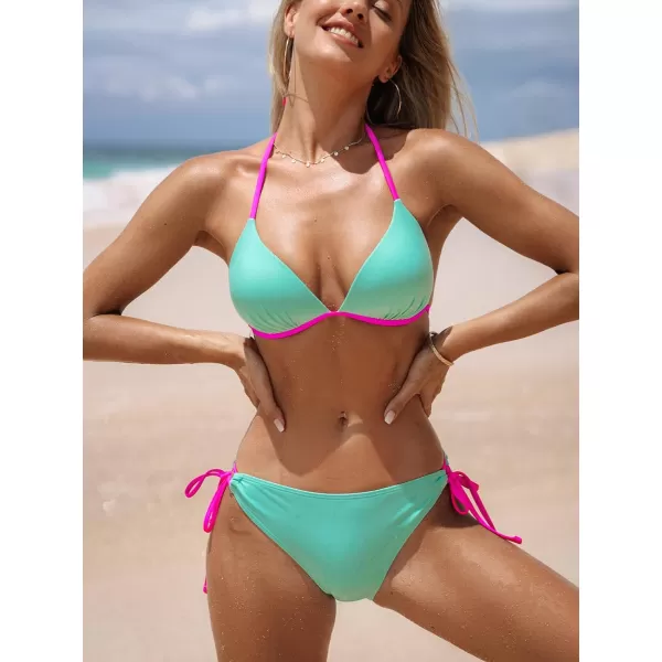 imageCUPSHE Womens Bikini Sets Halter Triangle Top Push Up Backless Low Rise Strappy Swimwear Color BlockMint Green Pink