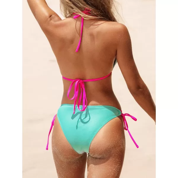 imageCUPSHE Womens Bikini Sets Halter Triangle Top Push Up Backless Low Rise Strappy Swimwear Color BlockMint Green Pink