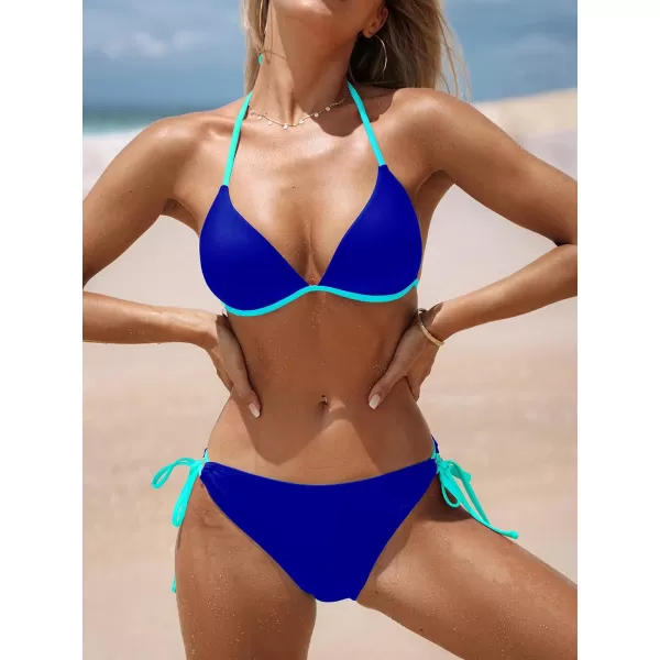 imageCUPSHE Womens Bikini Sets Halter Triangle Top Push Up Backless Low Rise Strappy Swimwear Color BlockNavy BlueLight Cyan