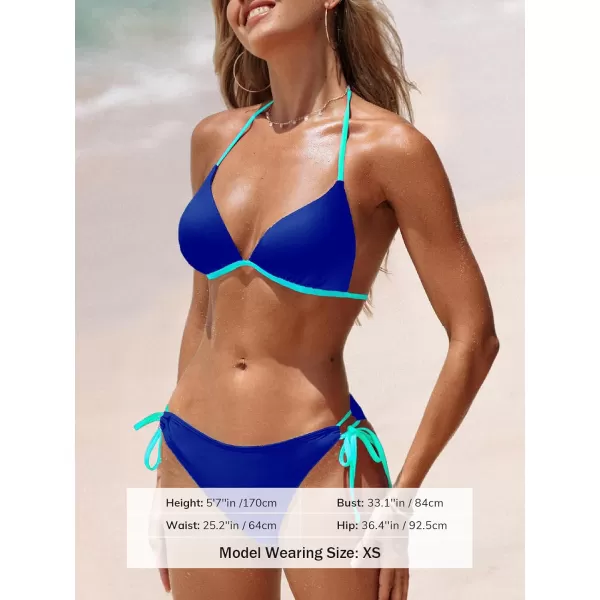 imageCUPSHE Womens Bikini Sets Halter Triangle Top Push Up Backless Low Rise Strappy Swimwear Color BlockNavy BlueLight Cyan