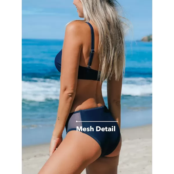 imageCUPSHE Womens Bikini Sets High Neck Mesh Low Rise Adjustable Straps Sweetheart CutoutNavy Blue