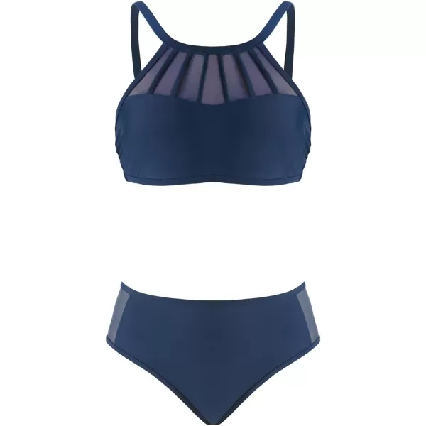 imageCUPSHE Womens Bikini Sets High Neck Mesh Low Rise Adjustable Straps Sweetheart CutoutNavy Blue