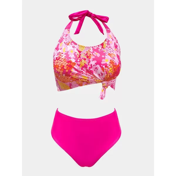 imageCUPSHE Womens Bikini Sets High Waisted Bathing Suit Halter Knot Front SwimwearHot Pink