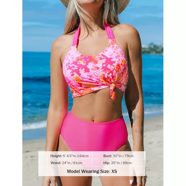 imageCUPSHE Womens Bikini Sets High Waisted Bathing Suit Halter Knot Front SwimwearHot Pink