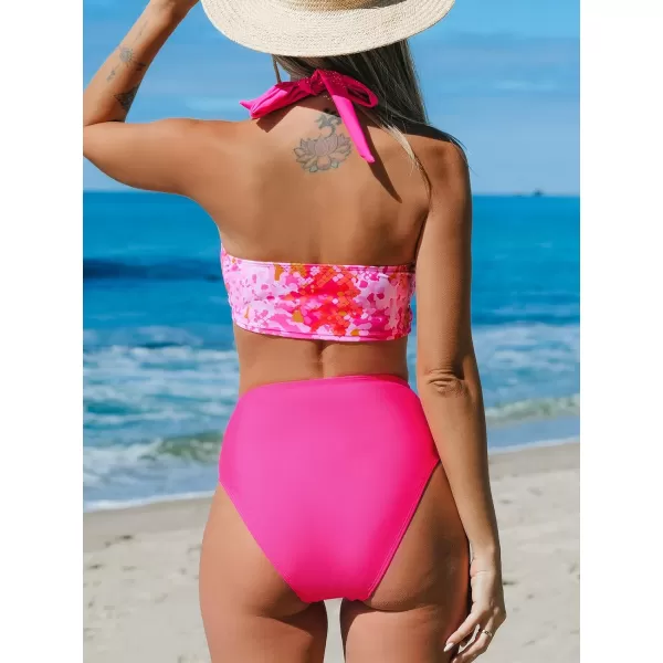 imageCUPSHE Womens Bikini Sets High Waisted Bathing Suit Halter Knot Front SwimwearHot Pink