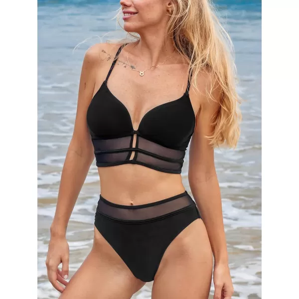 imageCUPSHE Womens Bikini Sets High Waisted Bathing Suit V Neck Cross Back Mesh SwimwearBlack
