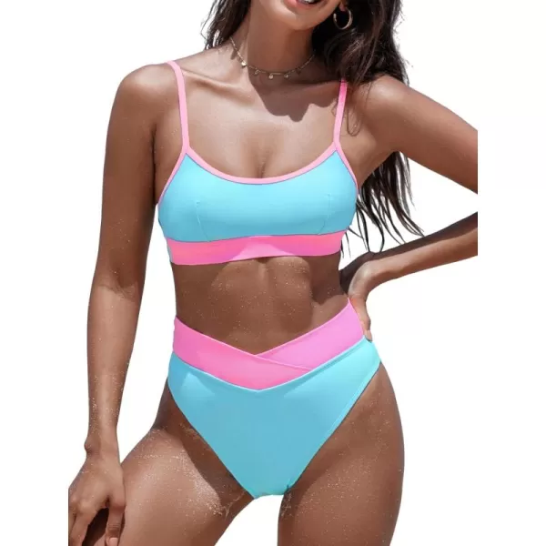 imageCUPSHE Womens Bikini Sets High Waisted Scoop Neck High Cut Cheeky Bottom V Cut Color Block Bathing SuitBaby BluePink