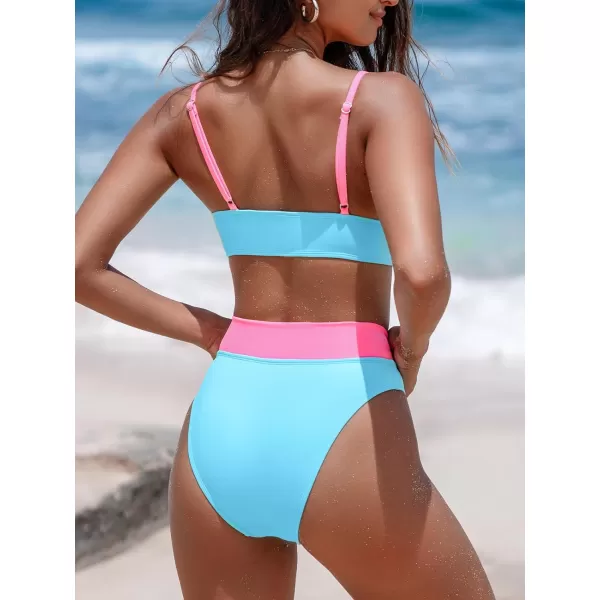 imageCUPSHE Womens Bikini Sets High Waisted Scoop Neck High Cut Cheeky Bottom V Cut Color Block Bathing SuitBaby BluePink