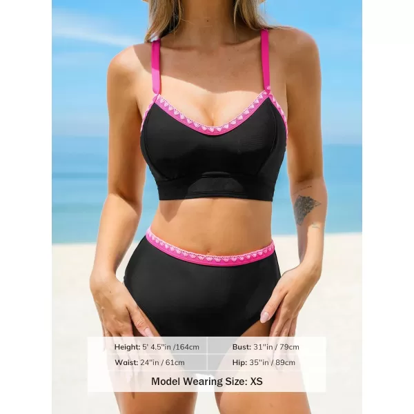 imageCUPSHE Womens Bikini Sets High Waisted Scoop Neck Wide Straps Back Self Tie Color Block Lace Up StitchingBlackPink