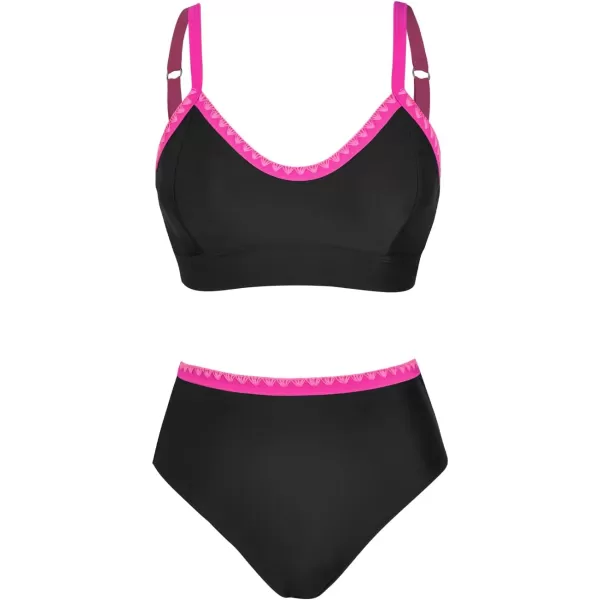 imageCUPSHE Womens Bikini Sets High Waisted Scoop Neck Wide Straps Back Self Tie Color Block Lace Up StitchingBlackPink