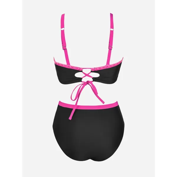 imageCUPSHE Womens Bikini Sets High Waisted Scoop Neck Wide Straps Back Self Tie Color Block Lace Up StitchingBlackPink