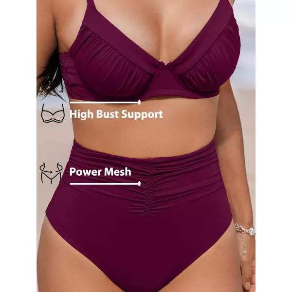 imageCUPSHE Womens Bikini Sets High Waisted Sculpting Two Piece Swimsuit V Neck Adjustable Straps Push Up UnderwireRed Purple
