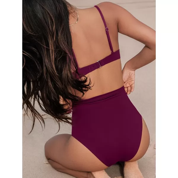 imageCUPSHE Womens Bikini Sets High Waisted Sculpting Two Piece Swimsuit V Neck Adjustable Straps Push Up UnderwireRed Purple