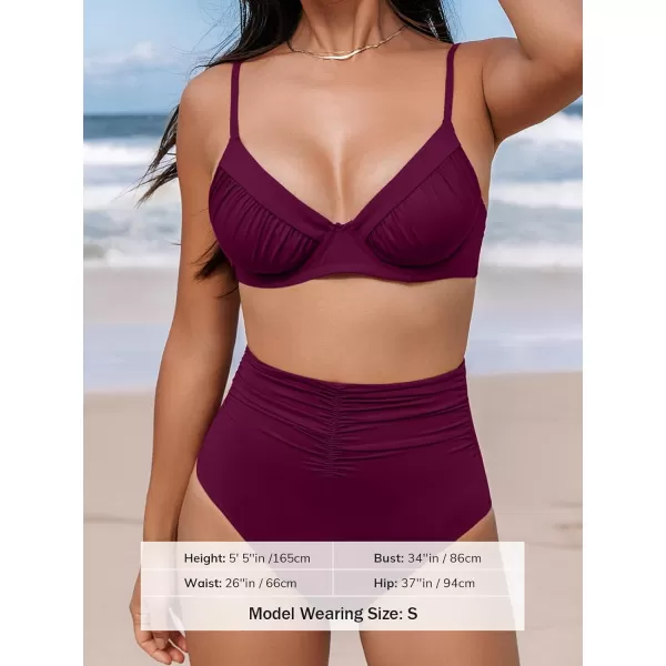 imageCUPSHE Womens Bikini Sets High Waisted Sculpting Two Piece Swimsuit V Neck Adjustable Straps Push Up UnderwireRed Purple