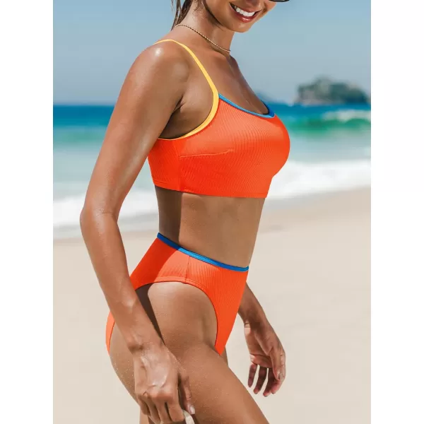 imageCUPSHE Womens Bikini Sets High Waisted Two Piece Swimsuit Color Block Square Neck High Cut Cheeky Bathing SuitNeon Orange