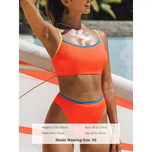 imageCUPSHE Womens Bikini Sets High Waisted Two Piece Swimsuit Color Block Square Neck High Cut Cheeky Bathing SuitNeon Orange