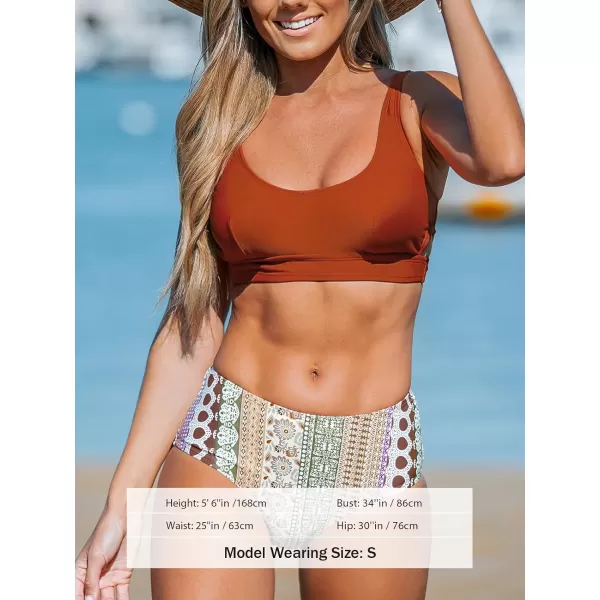imageCUPSHE Womens Bikini Sets High Waisted Two Piece Swimsuit Cutout Tank Top Adjustable Straps SwimwearBrick Red Retro Floral
