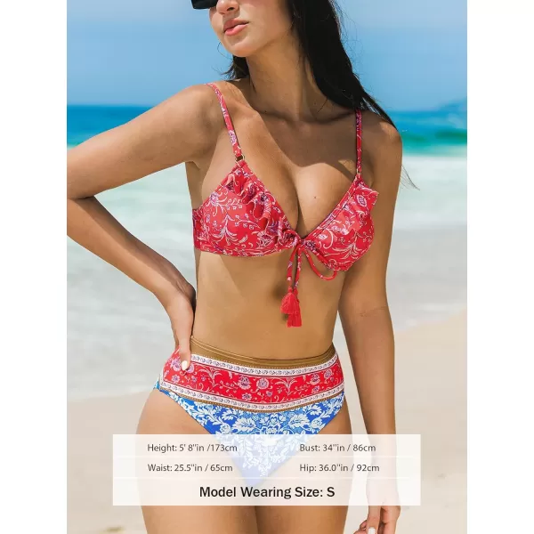 imageCUPSHE Womens Bikini Sets High Waisted Two Piece Swimsuit Ruffled V Neck Self Tie SwimwearRed Blue