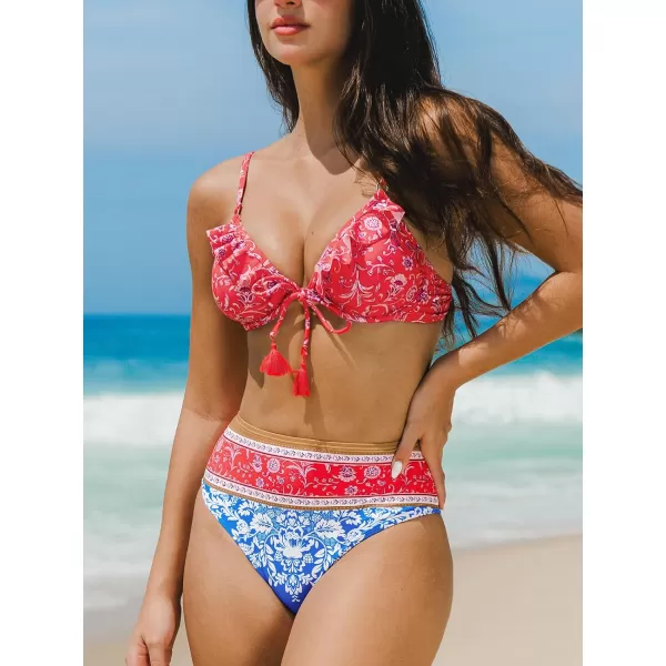 imageCUPSHE Womens Bikini Sets High Waisted Two Piece Swimsuit Ruffled V Neck Self Tie SwimwearRed Blue