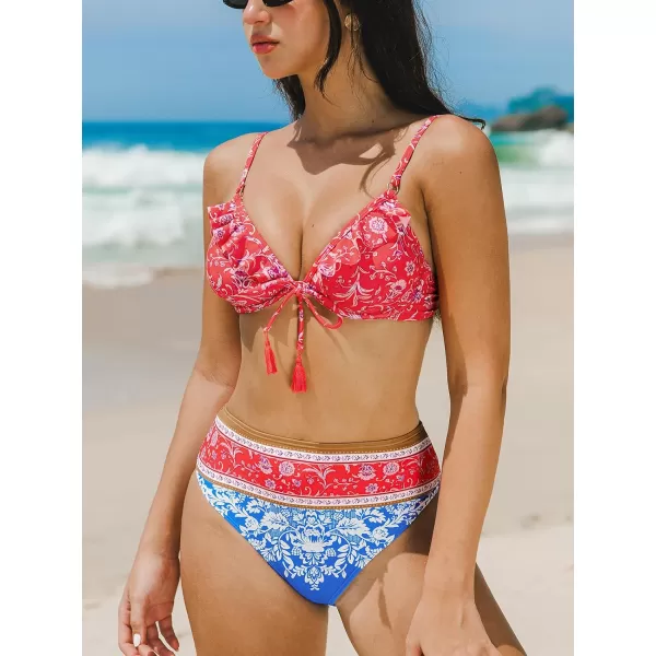 imageCUPSHE Womens Bikini Sets High Waisted Two Piece Swimsuit Ruffled V Neck Self Tie SwimwearRed Blue