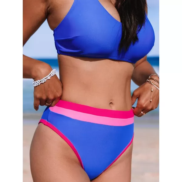 imageCUPSHE Womens Bikini Sets High Waisted Two Piece Swimsuit Scoop Neck Cross Back Cutout Color Block SwimwearRoyal Blue Hot Pink