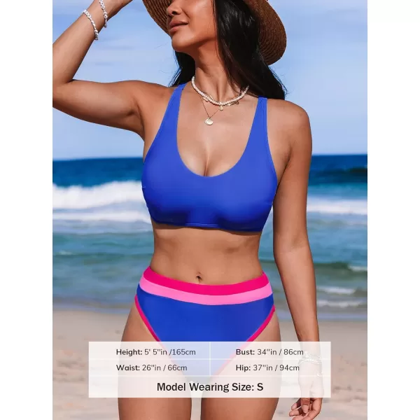 imageCUPSHE Womens Bikini Sets High Waisted Two Piece Swimsuit Scoop Neck Cross Back Cutout Color Block SwimwearRoyal Blue Hot Pink