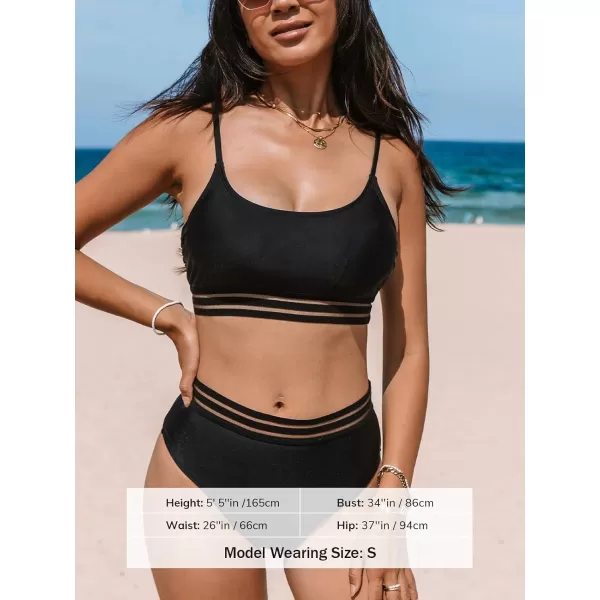 imageCUPSHE Womens Bikini Sets High Waisted Two Piece Swimsuit Scoop Neck Mesh Striped SwimwearBlack
