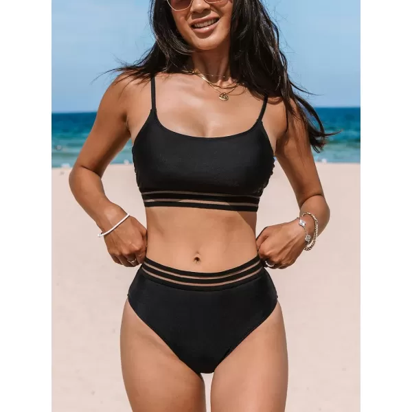 imageCUPSHE Womens Bikini Sets High Waisted Two Piece Swimsuit Scoop Neck Mesh Striped SwimwearBlack