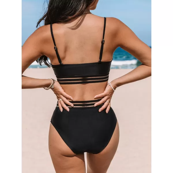 imageCUPSHE Womens Bikini Sets High Waisted Two Piece Swimsuit Scoop Neck Mesh Striped SwimwearBlack