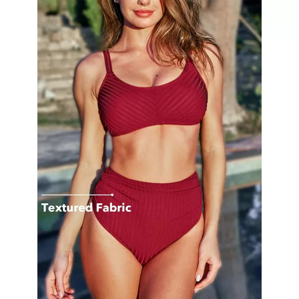 imageCUPSHE Womens Bikini Sets High Waisted Two Piece Swimsuit Scoop Neck Ruched Ribbed Swiwmear Back HookWine Red