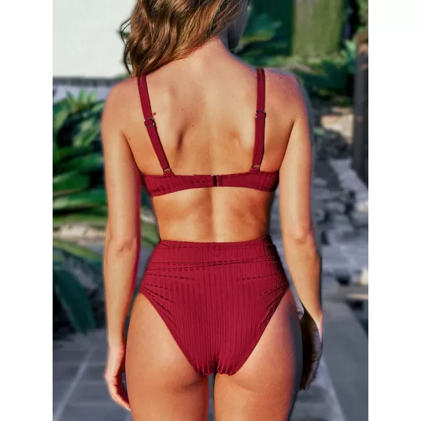 imageCUPSHE Womens Bikini Sets High Waisted Two Piece Swimsuit Scoop Neck Ruched Ribbed Swiwmear Back HookWine Red