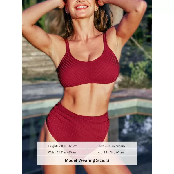 imageCUPSHE Womens Bikini Sets High Waisted Two Piece Swimsuit Scoop Neck Ruched Ribbed Swiwmear Back HookWine Red