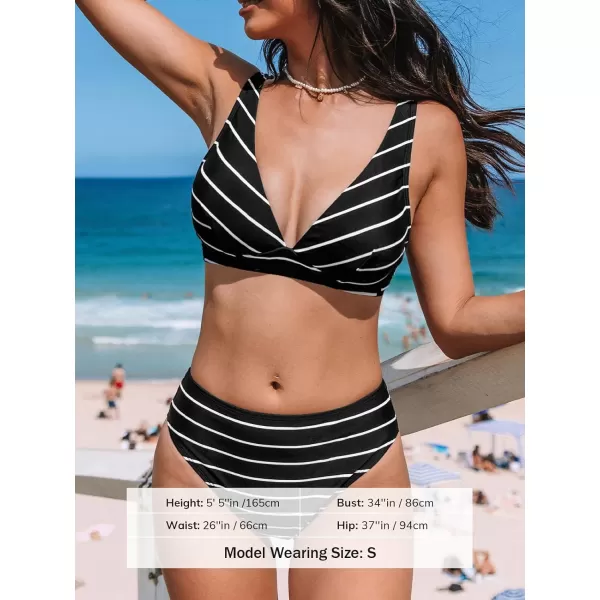 imageCUPSHE Womens Bikini Sets High Waisted Two Piece Swimsuit V Neck Striped SwimwearBlack Stripes