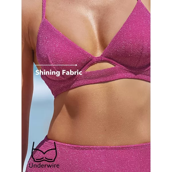 imageCUPSHE Womens Bikini Sets High Waisted V Neck Cutout Crisscross Back Self Tie Push Up Underwire ShiningMagenta