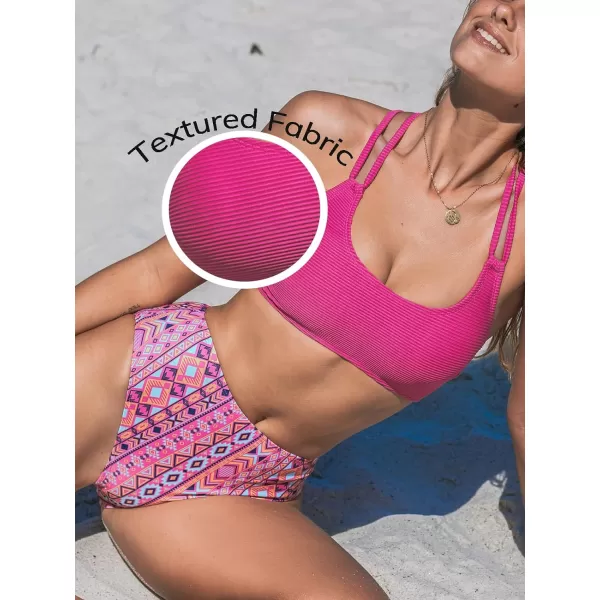 imageCUPSHE Womens Bikini Sets Hign Waisted Scoop Neck Double Adjustable Straps Crisscross Back RibbedMagenta Ethnic
