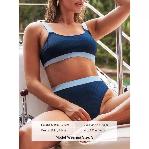 imageCUPSHE Womens Bikini Sets Hign Waisted Scoop Neck Wide Adjustable Straps Color Block RibbedNavy Blue